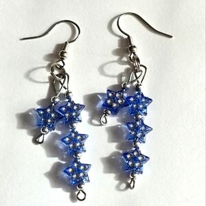 Star earrings handmade blue silver tone celestial hook earwires outer space